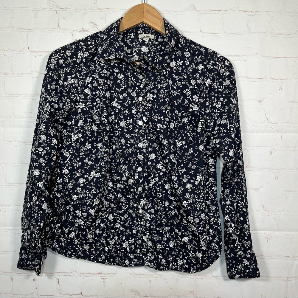 Talbots Floral Blouse Womens Size Petite Blue Button Up Long Sleeve Shirt